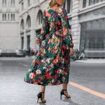 Floral Print Long Sleeve Dress Elegant Green Design Autumn Party Travel Wear Wholesale Available