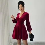 Vintage Style Burgundy Velvet A Line Dress V Neck Lantern Sleeves Slim Fit Ruffled Cocktail Part