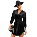 Elegant Velvet Bodycon Dress Long Sleeve Lapel Collar Waist Tie Office Wear Formal Events Wholes