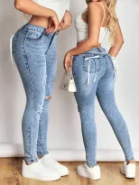High Elasticity Skinny Jeans for Women Versatile Ripped Design Casual Wear Wholesale Available
