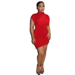 Slim Fit Solid Color Bodycon Dress for Women High Neck Short Sleeve Waist Cinching Fashionable f