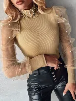 Womens Sheer Mesh Puff Sleeve Color Block T Shirt Elegant Solid Color Pearl Detail Office Wear C