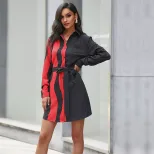 Color Block Long Sleeve Shirt Dress for Women in Black Casual Autumn Winter Style