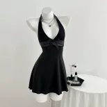 V Neck Halter Mini Dress Ruffled Hem Bow Tie Slim Fit Elegant Evening Wear Ready to Ship private