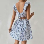 Floral Print Backless Dress Sweet Slim Fit Ruffled Sleeves Spring Summer Style Wholesale Availab