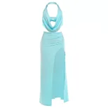 Womens Summer Two Piece Set Sexy Hollow Out Halter Neck Top and Side Slit Skirt Casual Fashion