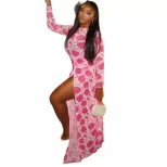 Floral Print Bodycon Dress Slim Fit Ruched Round Neck Split Hem Casual Vacation Wear Wholesale A