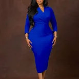 Plus Size Womens Fashion V Neck Solid Color Bodycon Pencil Dress Slim Fit Elegant Style for Part