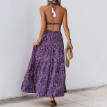 Purple Floral Print Backless V Neck Maxi Dress for Beach Vacation Casual Wear Wholesale private label