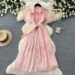 Embroidered Lace A Line Dress for Women Summer Fashion Elegant Fit and Flare Available in Red Apricot and Blue