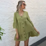 Loose Fit Solid Color Doll Dress Short Sleeve Lapel Design Casual Style Perfect for Spring and S