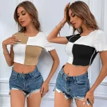 Color Block Knitted Short Sleeve T Shirt Contrast Stitching Casual Style Spring Summer Collectio
