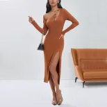 Womens Irregular Hollow Out Bodycon Dress Solid Color Asymmetrical Shoulder Fashionable Elegant