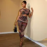 Casual Color Block Printed Dress Set for Women Short Sleeve Round Neck Bodycon Fit Trendy Summer