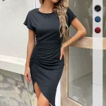 Summer Casual Solid Color Bodycon Dress Irregular Hem Elegant Fit Versatile Style Wholesale Avai