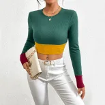 Womens Color Block Long Sleeve T Shirt Slim Fit Round Neck Stylish Design Autumn Winter Fashion