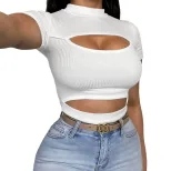 Hollow Out Half High Neck Slim Fit T Shirt for Women Short Sleeve Sexy Style Summer Fashion Whol