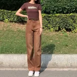 美式高腰直筒牛仔裤女2023春季设计感高街辣妹宽松阔腿拖地休闲裤