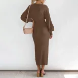 Knitted Sweater Dress for Women Lantern Sleeve Solid Color Autumn Winter Fashion