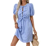 Vintage Striped Dress Summer Collection Round Neck Bow Tie Detail Elegant Style Wholesale Availa