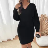 Casual Batwing Sleeve Sweater Dress V Neck Bodycon Fit Black Color Perfect for Everyday Wear Who