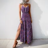 Purple Floral Print Backless V Neck Maxi Dress for Beach Vacation Casual Wear Wholesale private label