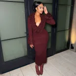 Knit Bodycon Dress Long Sleeve Deep V Neck Fringe Detail Solid Color Autumn Winter Fashion for P