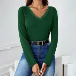 Womens Casual V Neck T Shirt Loose Fit Long Sleeve Lace Patchwork Fashionable Top for Spring Fal