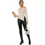 Off Shoulder Hollow Out Top Slim Fit Long Sleeve Side Slit Trendy Casual Wear for Women Wholesal