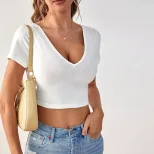 Slim Fit Short Sleeve Knit T Shirt Sexy V Neck Backless Design Trendy Style Perfect for Casual O