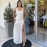 Womens Fashion Backless Ruched Layered Dress Stylish Halter Neck Slim Fit Elegant Design Perfect