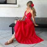 Sexy Red V Neck Maxi Dress Womens Spring Summer Fashion Elegant A Line Silhouette Wholesale Avai