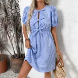 Vintage Striped Dress Summer Collection Round Neck Bow Tie Detail Elegant Style Wholesale Availa