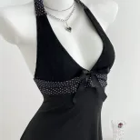 V Neck Halter Mini Dress Ruffled Hem Bow Tie Slim Fit Elegant Evening Wear Ready to Ship private