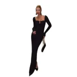 Womens Long Sleeve Bodycon Dress Solid Color Square Neck Slim Fit Elegant Style Perfect for Earl