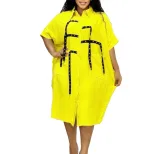 Womens Short Sleeve Fashionable Loose Fit Shirt Dress Mid Length Turn Down Collar Casual Style W