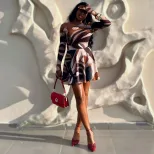 Printed Color Block A Line Dress Slim Fit Off Shoulder Neckline Raglan Sleeves Casual or Party W