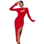 Womens Bodycon Maxi Dress Slim Fit Sexy Split Long Sleeve Perfect for Parties or Evening Events
