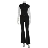 Slim Fit Solid Color Half High Neck Short Sleeve Top with Low Waist Flare Pants Trendy Two Piece