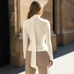 Lightweight Luxury Blouse Slim Fit Ruffled Neck Tie Detail Spring Fall Office Wear Wholesale Ava
