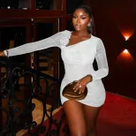 Sheer Mesh Bodycon Dress Solid Color Asymmetrical Neckline Long Sleeve Floral Design Evening Wea