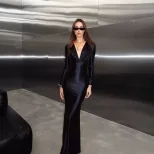 Elegant Solid Color Long Sleeve V Neck Satin Evening Dress Autumn Fashion Perfect for Formal Eve