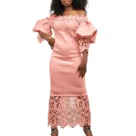 Off Shoulder Lace Trimmed Evening Dress Lantern Sleeves Elegant Design Perfect for Parties Whole