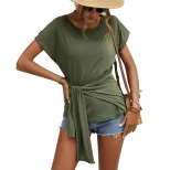 Womens V Neck Short Sleeve T Shirt Fashionable Solid Color Casual Wear for Summer Wholesale Avai