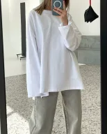 Loose Fit Long Sleeve Split T Shirt for Women 100 Cotton Solid Color Casual Style Spring Summer
