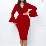 Elegant V Neck Bodycon Dress Bell Sleeves Split Hem Autumn Winter Style Wholesale Womens Fashion