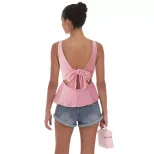 Womens Summer Sleeveless T Shirt Solid Color Back Tie Design Waist Cinching Casual Fashion Top W