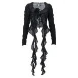 Sheer Mesh Long Sleeve Cardigan Ruffled V Neck Tie Front Flared Hem Spring Fashion Layering Whol