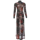 Fashionable Womens Long Sleeve Top Semi High Neck Animal Print High Slit Design Spring Collectio