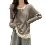 Gray Knit Two Piece Style Top for Women Loose Fit Long Sleeve Casual Layering Shirt Fall Winter Collection Wholesale